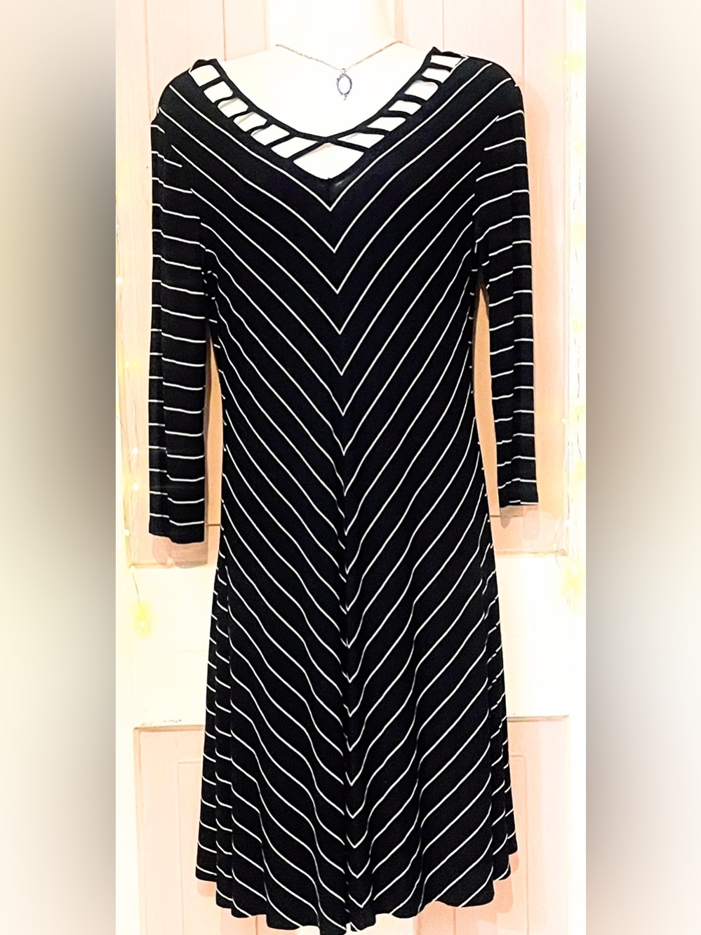 Black & White Striped V-Neck A-Line Dress